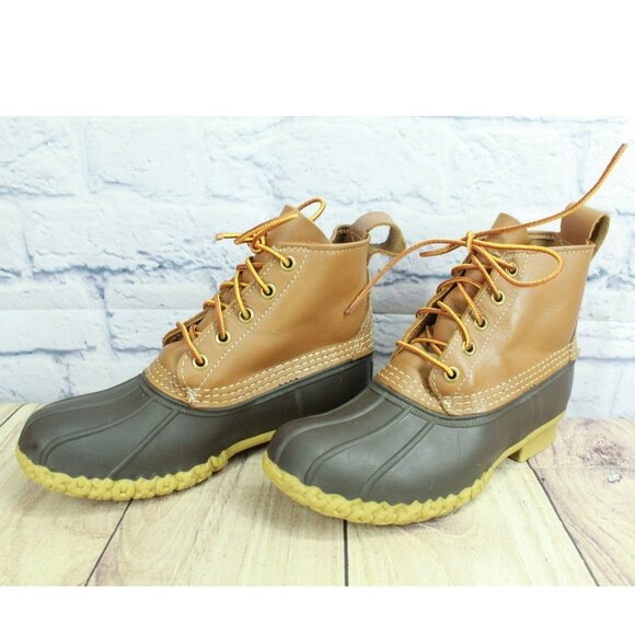 LL Bean Ankle Duck Boots Brown Leather Lace Up Unlined Round Toe Size 6 M - Picture 2 of 10